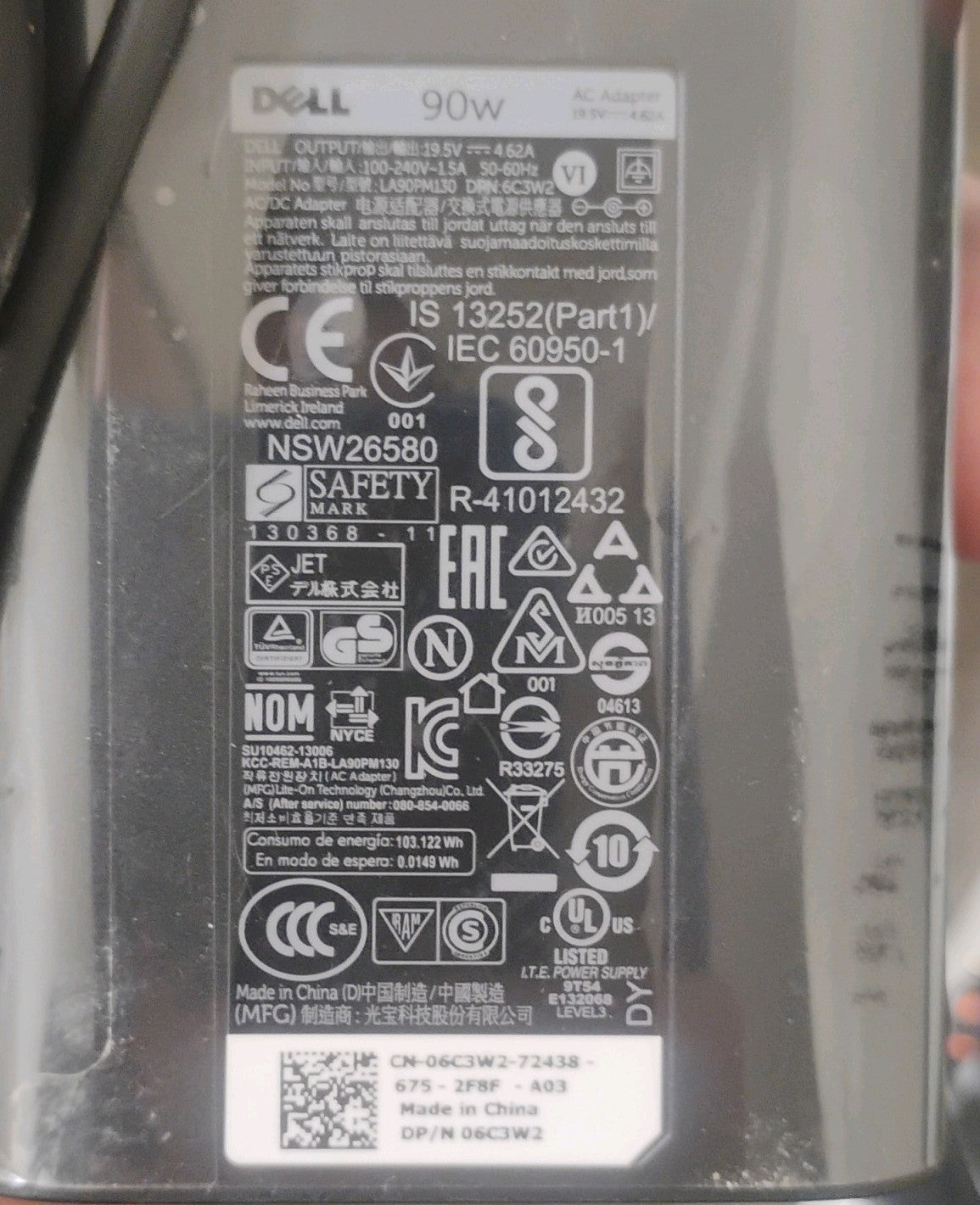 Dell 90W AC Power Adapter 19.5V 4.62A LA90PM130 06C3W2 Latitude TESTED GOOD